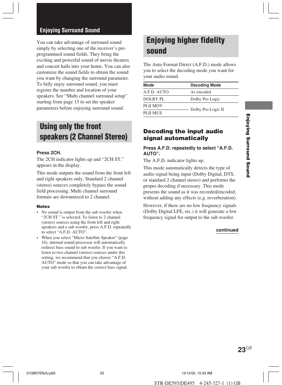 Enjoying surround sound, Using only the front speakers, 2 channel stereo) | Enjoying higher fidelity sound, Using only the front speakers (2 channel stereo) | Sony STR-DE595 User Manual | Page 23 / 48