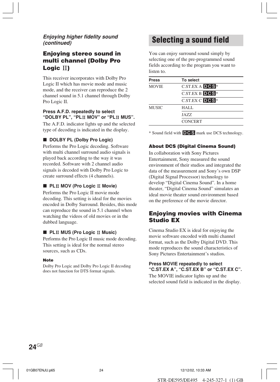 Selecting a sound field, Enjoying movies with cinema studio ex | Sony STR-DE595 User Manual | Page 24 / 48
