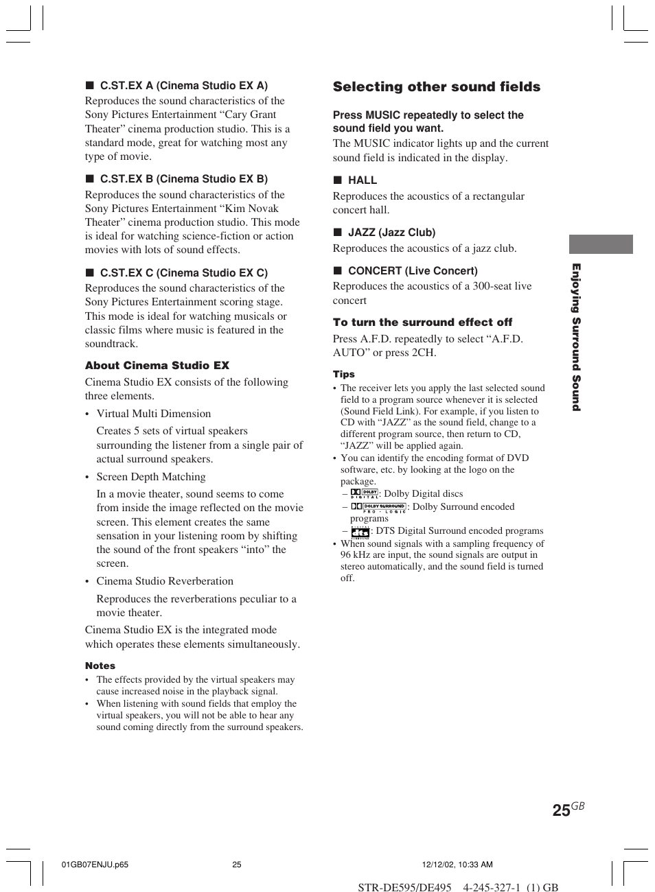 Selecting other sound fields | Sony STR-DE595 User Manual | Page 25 / 48