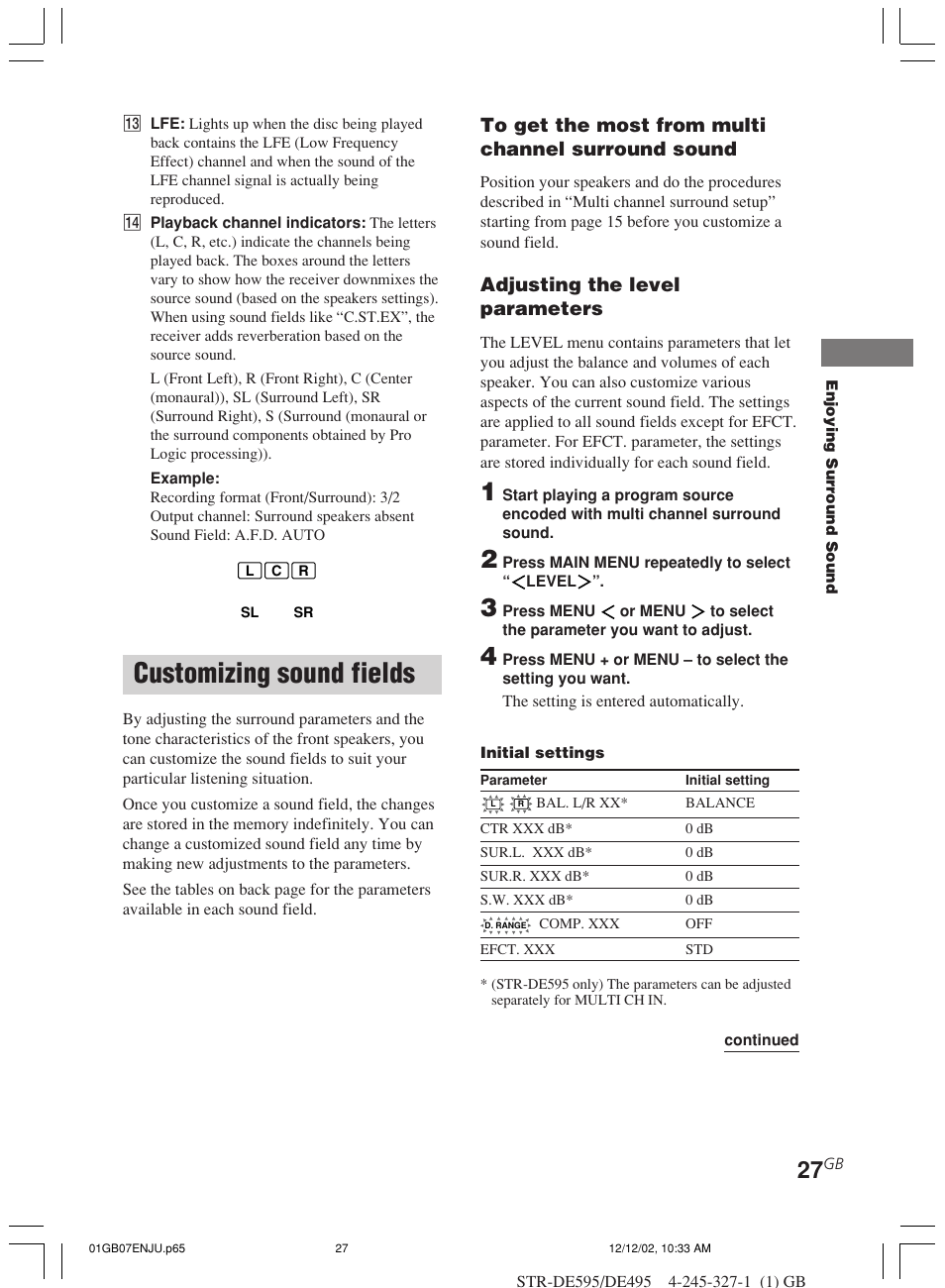 Customizing sound fields, Adjusting the level parameters | Sony STR-DE595 User Manual | Page 27 / 48