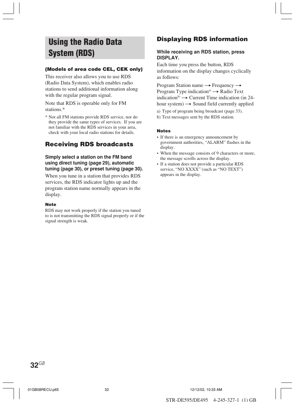 Using the radio data, System (rds), Using the radio data system (rds) | Receiving rds broadcasts, Displaying rds information | Sony STR-DE595 User Manual | Page 32 / 48