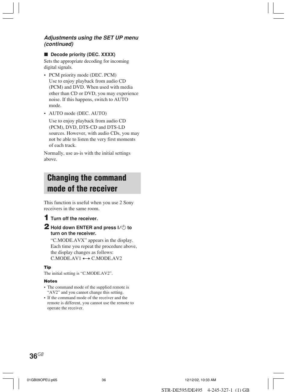 Changing the command mode of the, Receiver, Changing the command mode of the receiver | Sony STR-DE595 User Manual | Page 36 / 48
