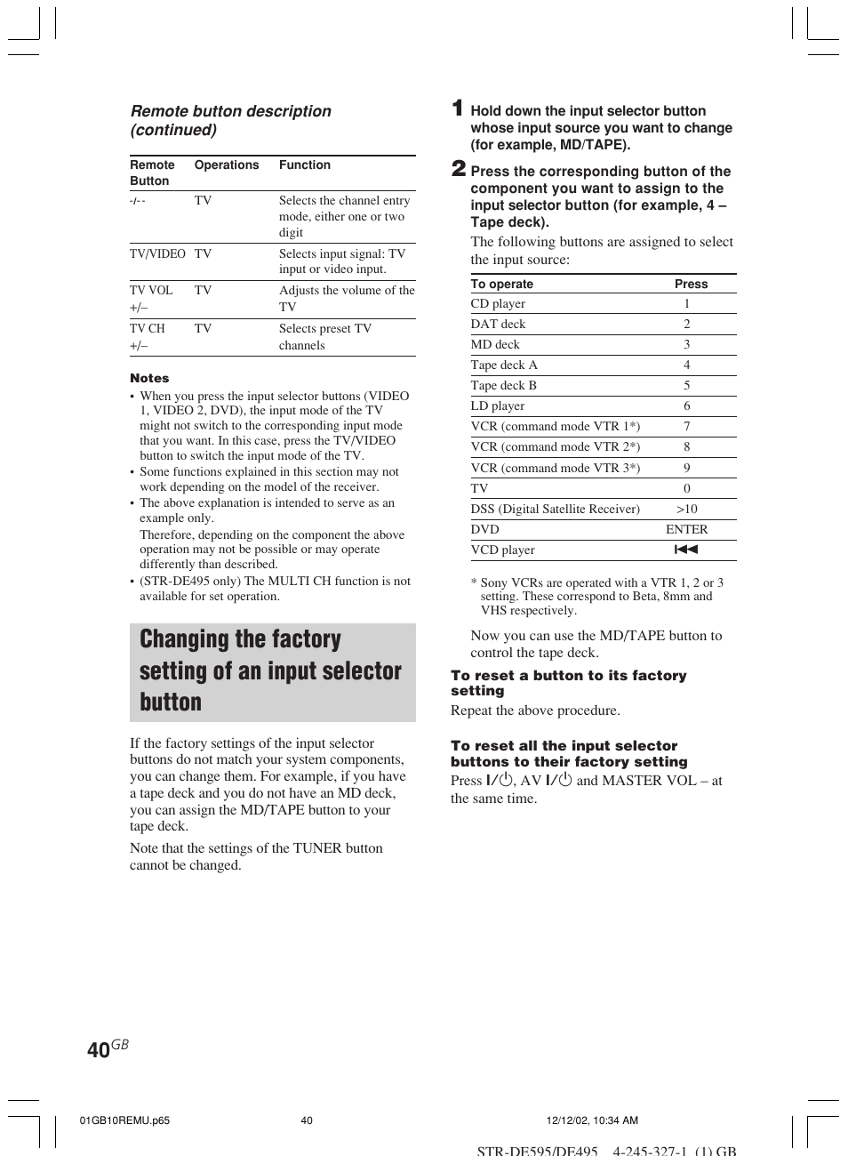Changing the factory setting of an, Input selector button | Sony STR-DE595 User Manual | Page 40 / 48