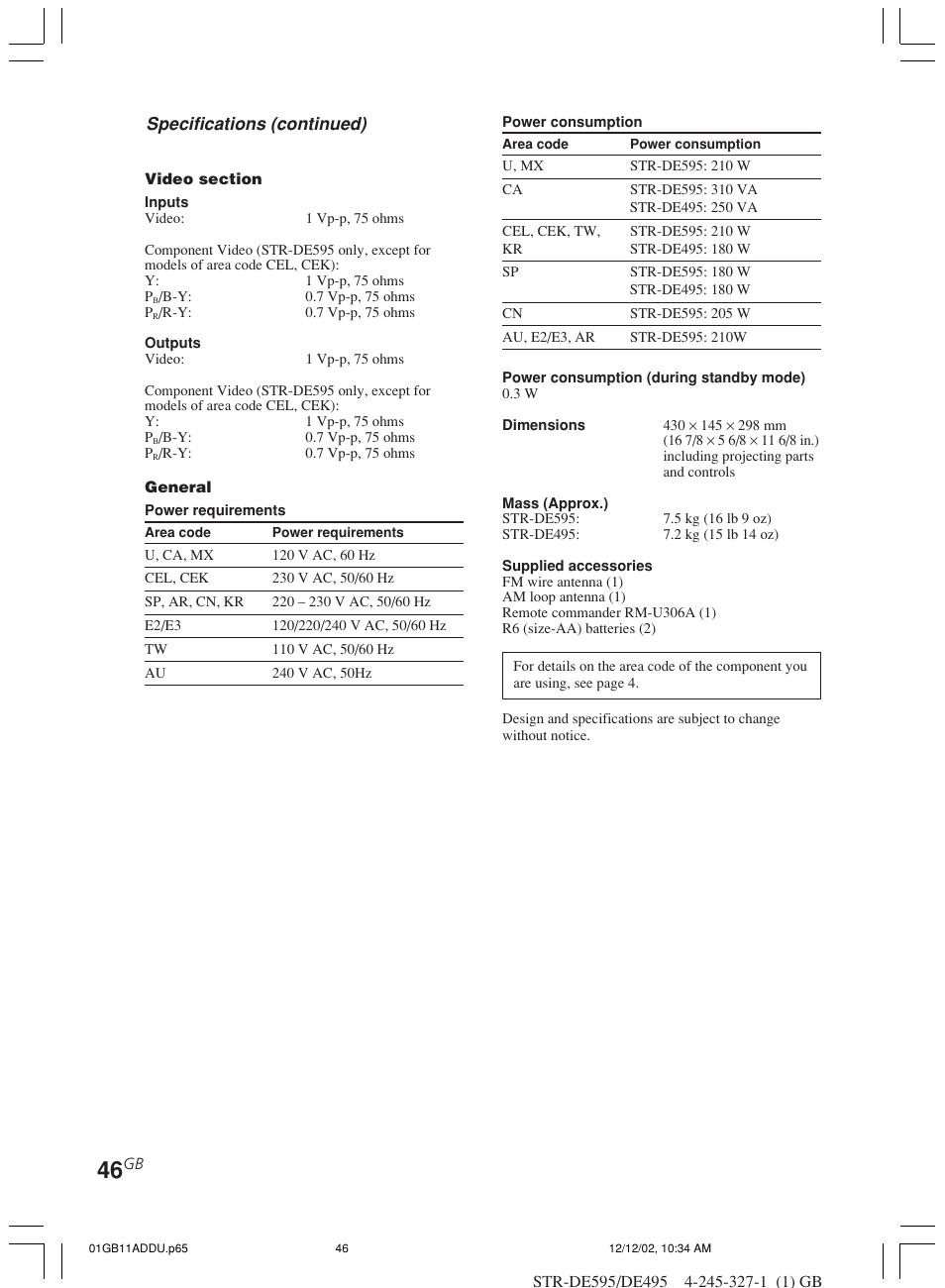 Specifications (continued) | Sony STR-DE595 User Manual | Page 46 / 48
