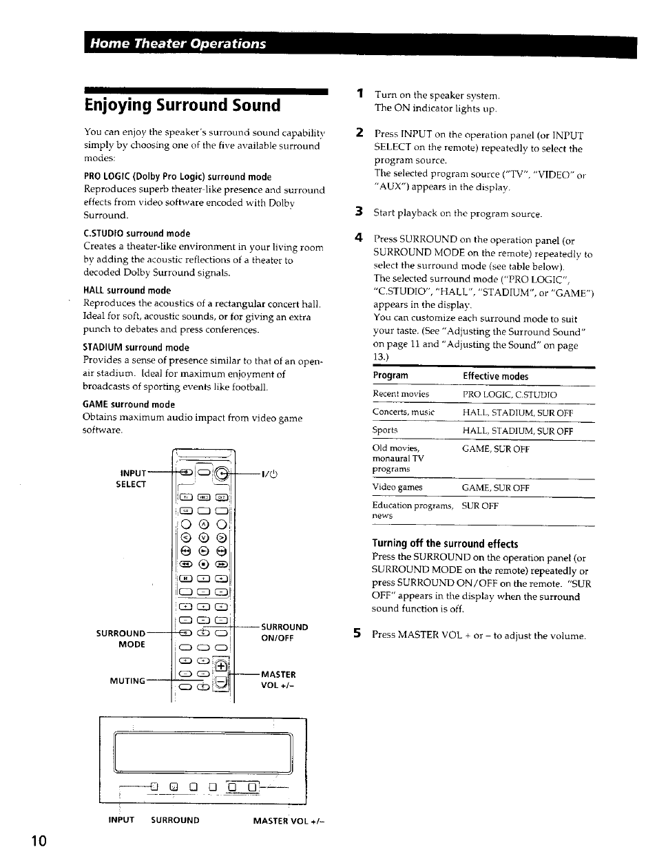Enjoying surround sound, Turning off the surround effects, Home theater operations | Sony SAVA-500 User Manual | Page 10 / 20