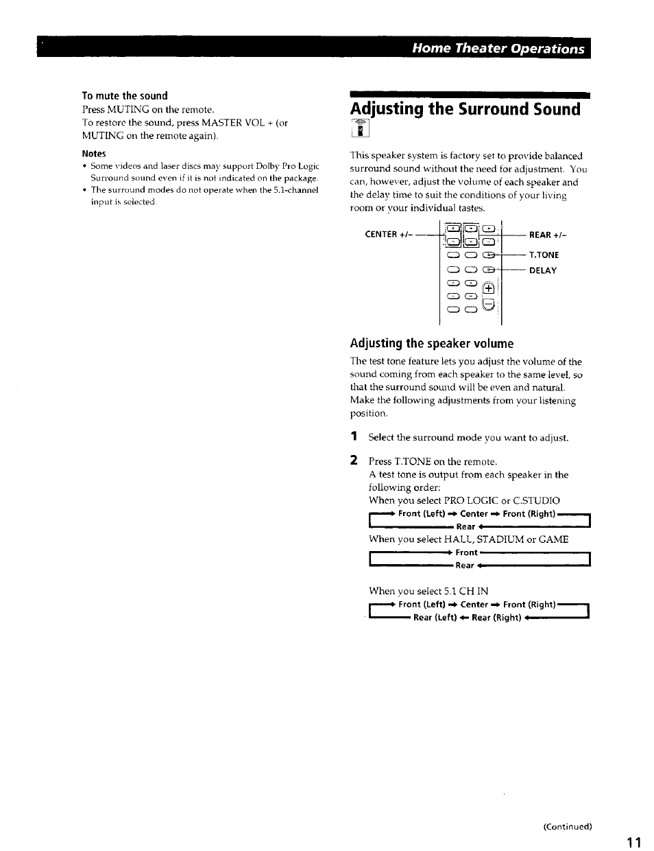 To mute the sound, Adjusting the surround sound, Adjusting the speaker volume | Home theater operations | Sony SAVA-500 User Manual | Page 11 / 20