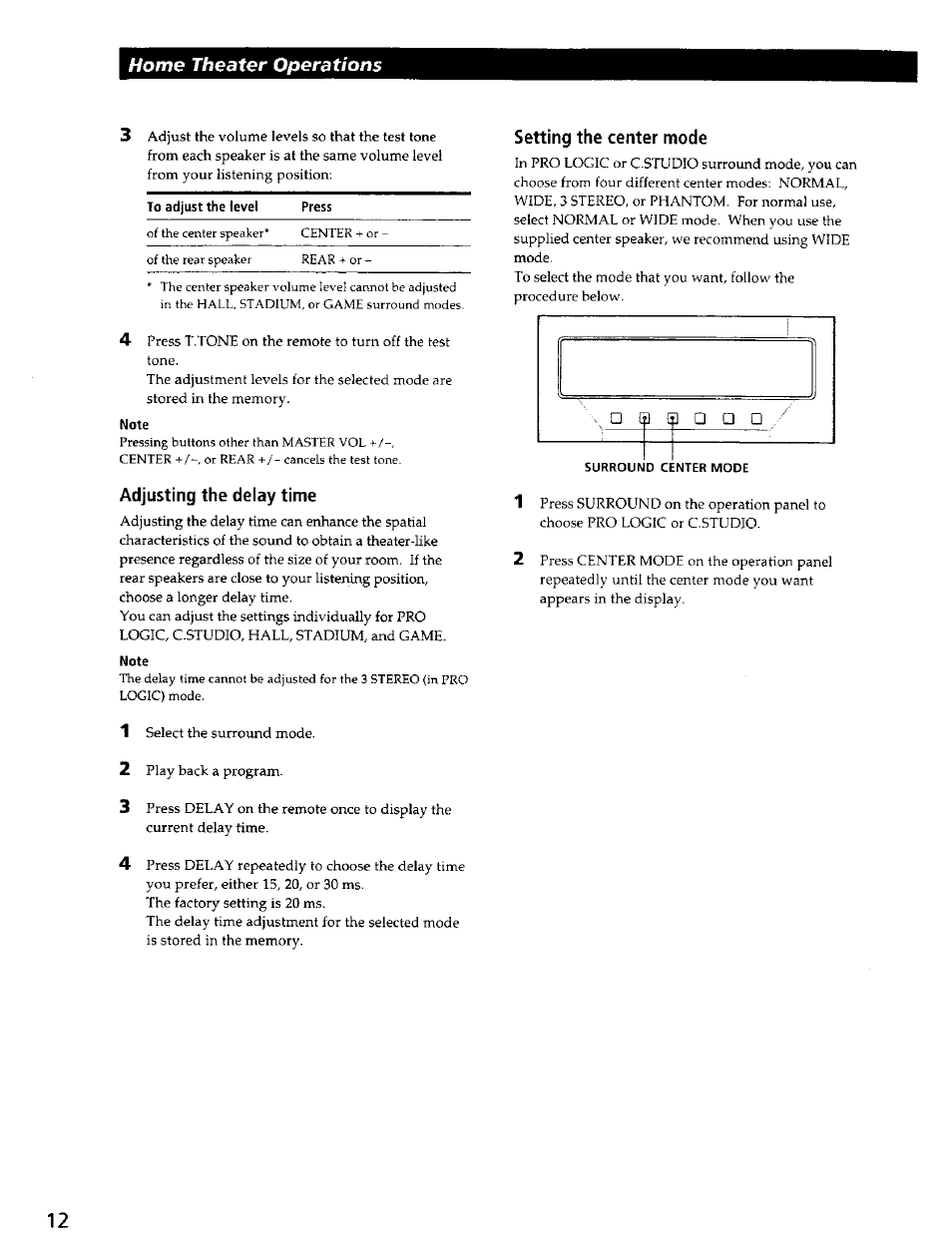 Adjusting the delay time, Note, Setting the center mode | Home theater operations | Sony SAVA-500 User Manual | Page 12 / 20