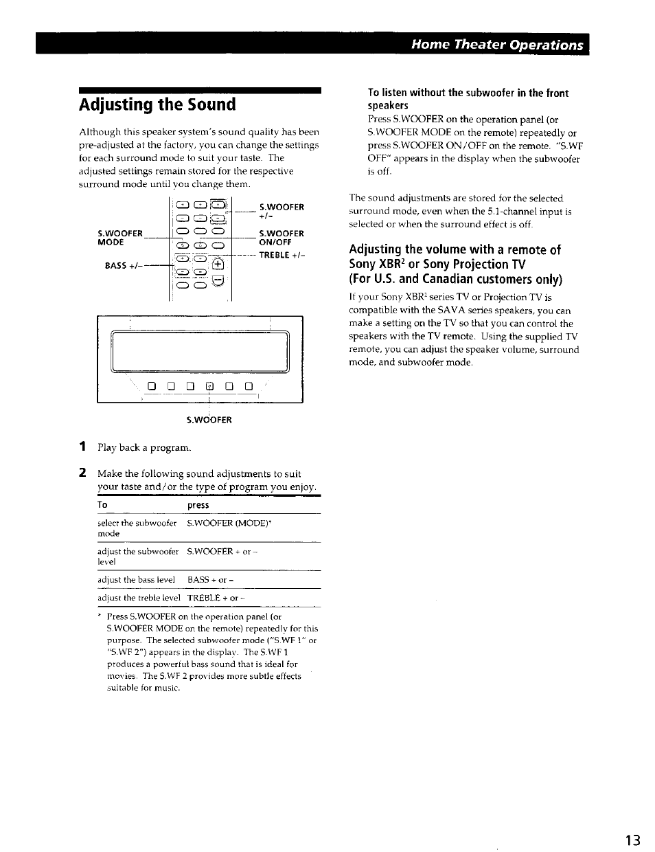 Adjusting the sound, Home theater operations | Sony SAVA-500 User Manual | Page 13 / 20
