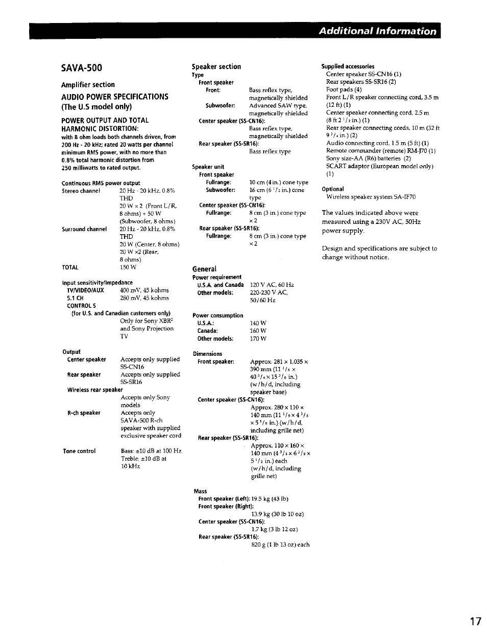 Additional information, Sava-500 | Sony SAVA-500 User Manual | Page 17 / 20