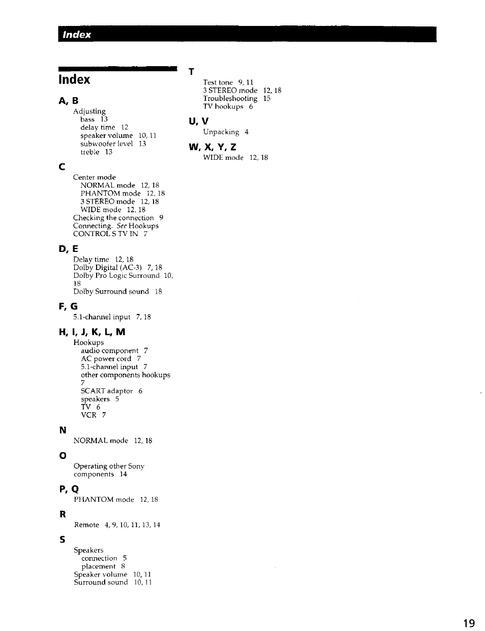 Index, A, b, U, v | W, x, y, z, D, e, I, j, k, l, m, Índex, X, y, z, D, e f, h, P, r s | Sony SAVA-500 User Manual | Page 19 / 20