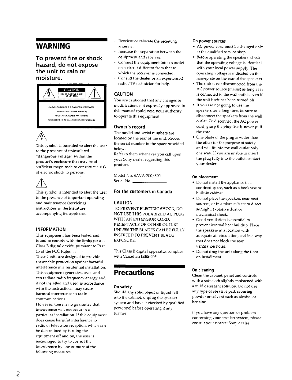 Warning, Information, Caution | Owner's record, For the customers in canada caution, Precautions | Sony SAVA-500 User Manual | Page 2 / 20