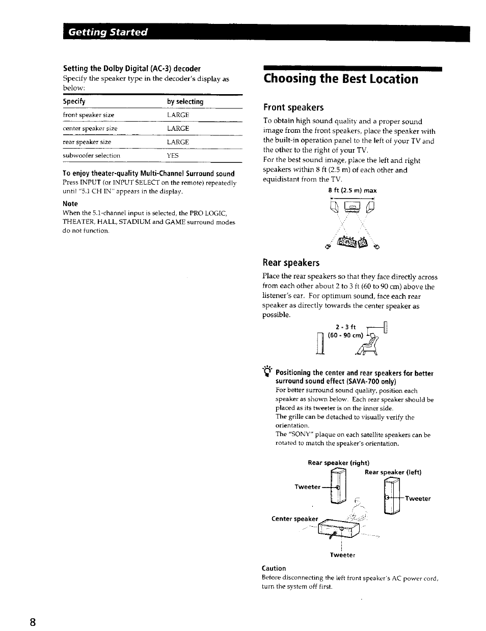 Choosing the best location, Front speakers, Rear speakers | Choosing the best location front speakers, Getting started | Sony SAVA-500 User Manual | Page 8 / 20