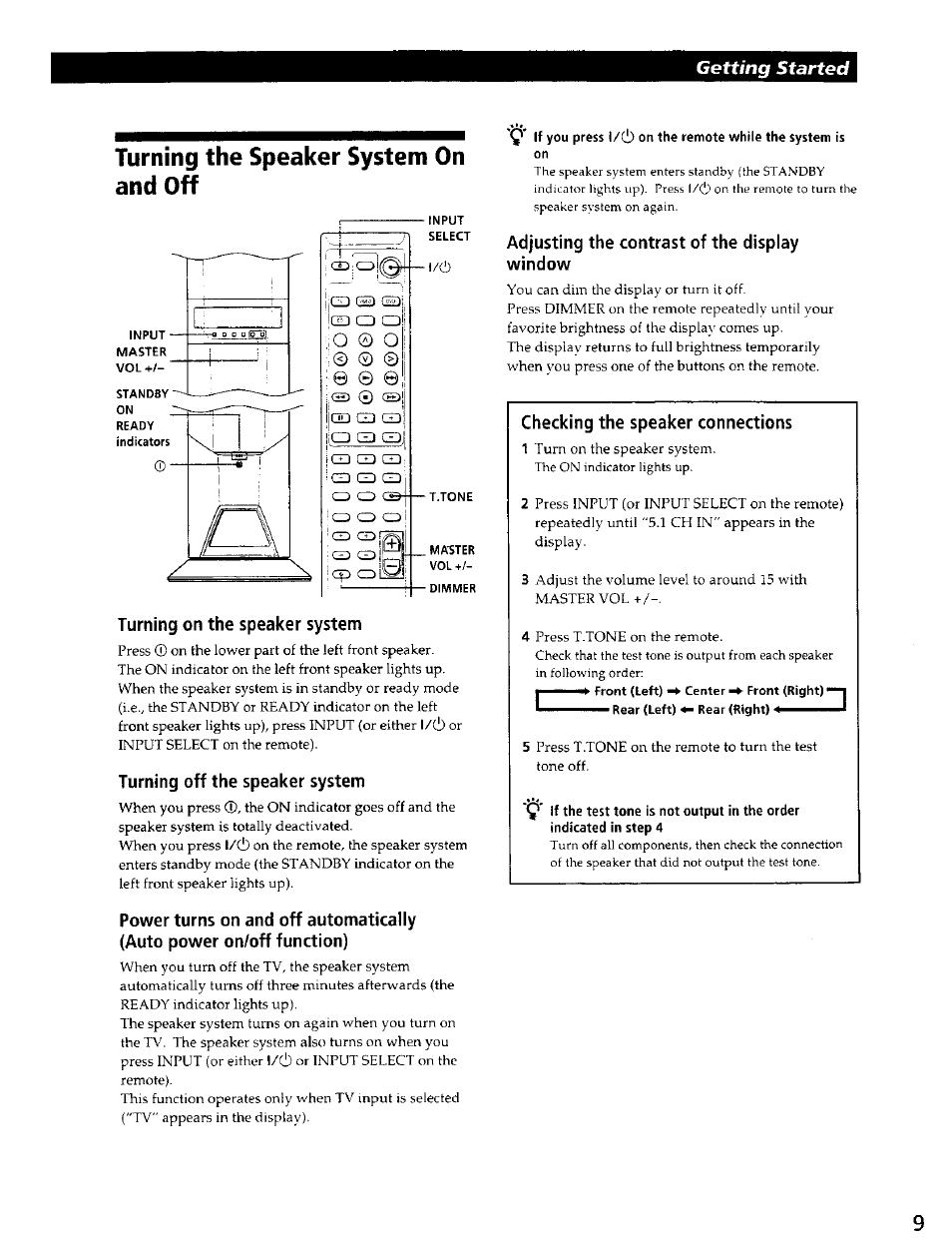 Turning the speaker system on and off, Turning on the speaker system, Turning off the speaker system | Adjusting the contrast of the display window, Checking the speaker connections, Getting started | Sony SAVA-500 User Manual | Page 9 / 20