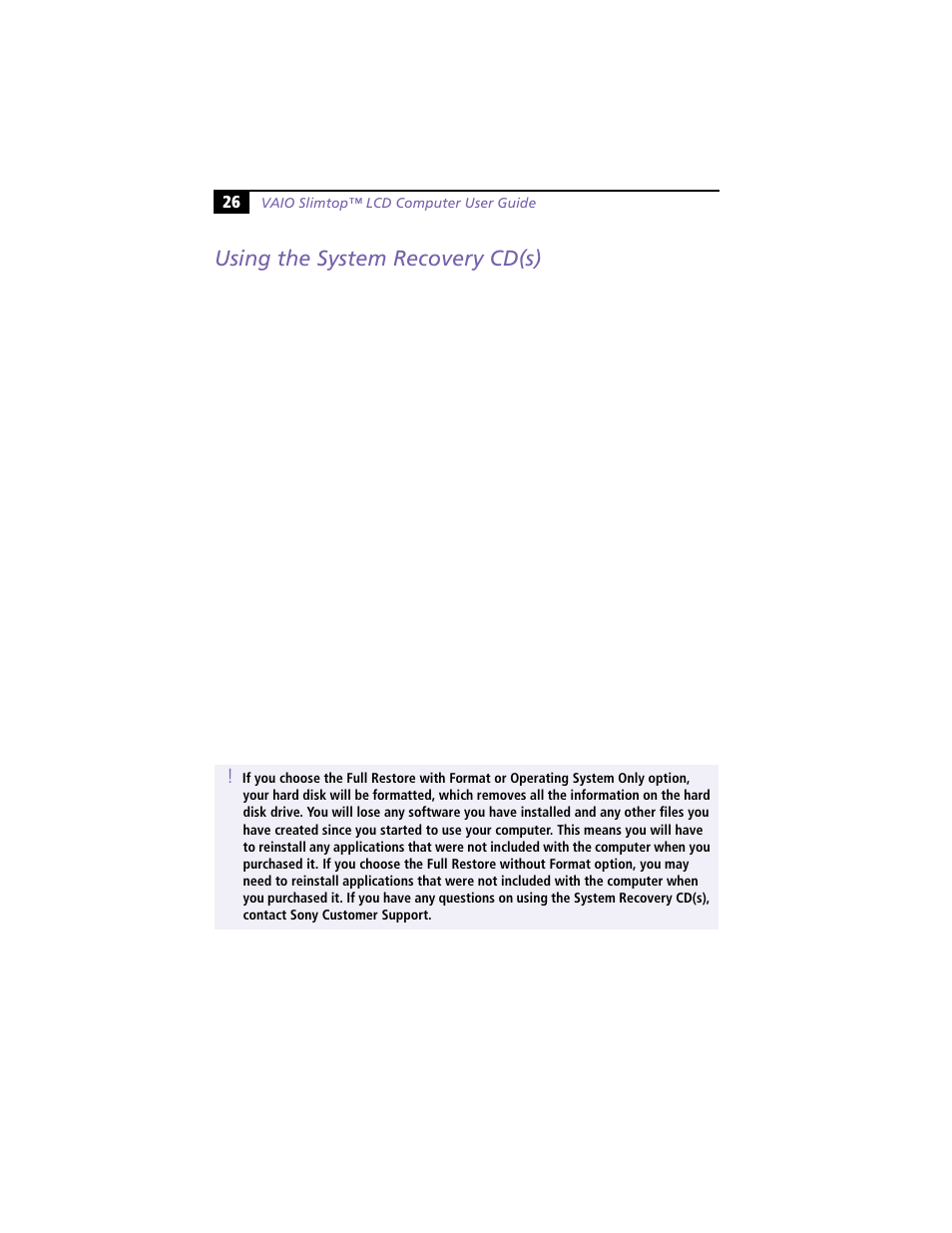 Using the system recovery cd(s) | Sony VAIO PCV-L630 User Manual | Page 30 / 48
