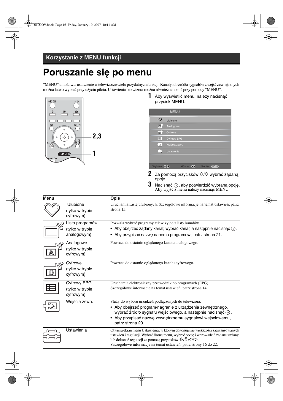 Poruszanie się po menu, Korzystanie z menu funkcji | Sony BRAVIA KDL-26P25 User Manual | Page 70 / 83