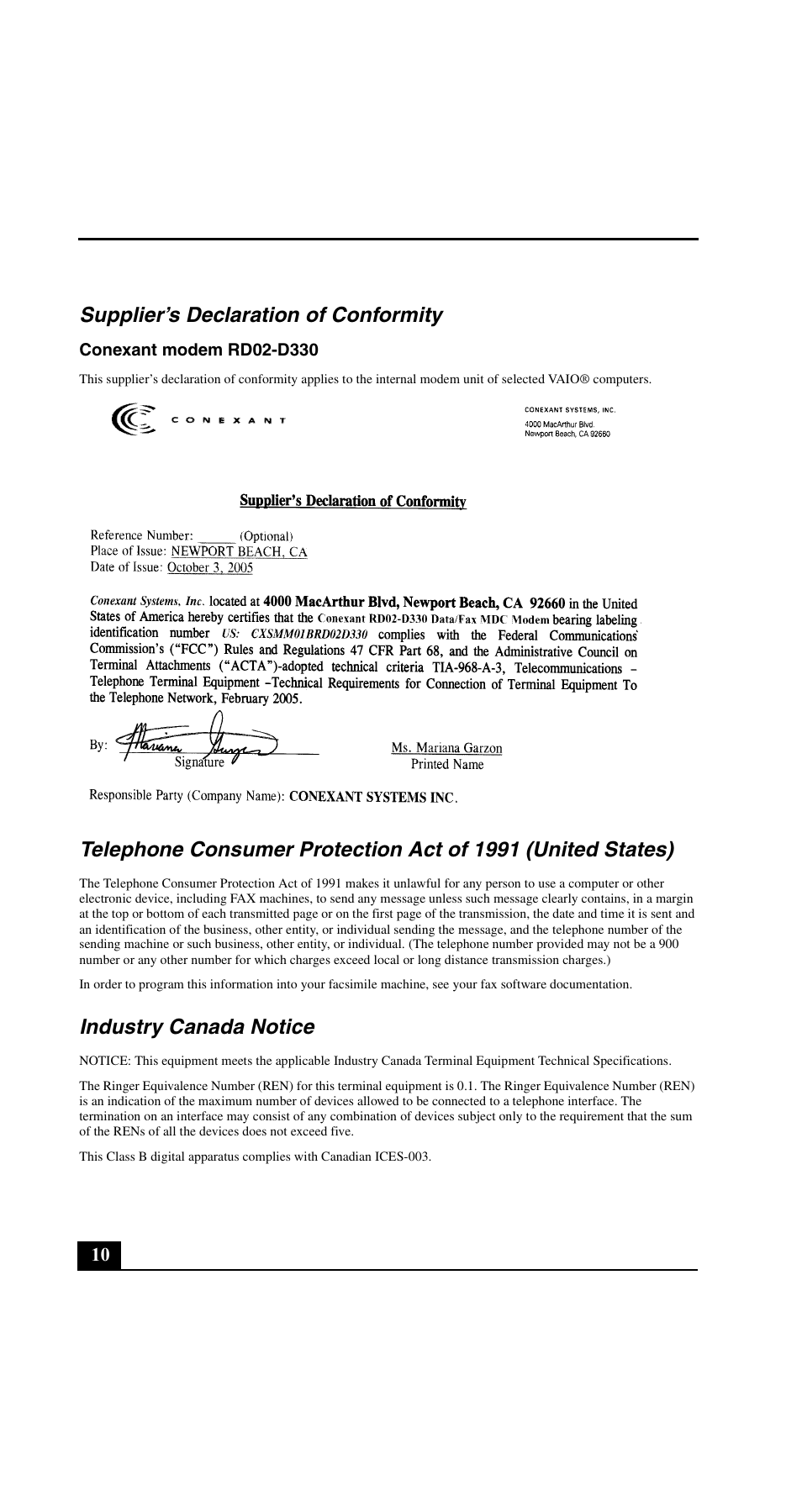 Supplier’s declaration of conformity, Industry canada notice | Sony VGN-C200 User Manual | Page 10 / 20