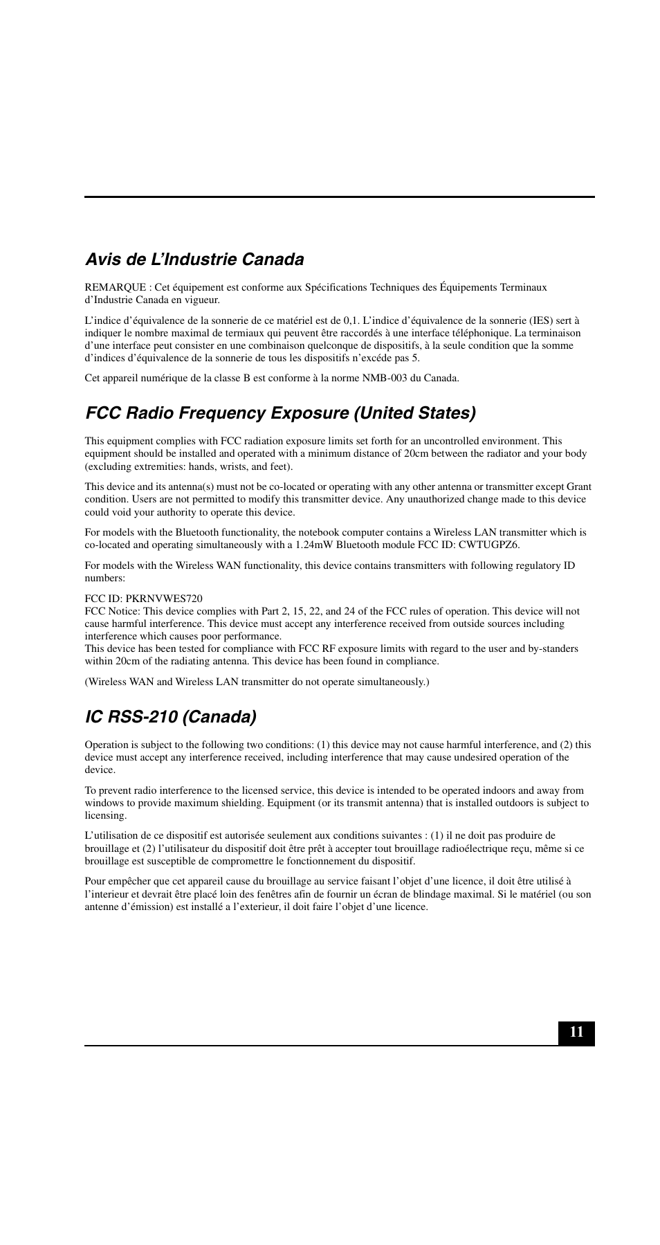 Avis de l’industrie canada, Fcc radio frequency exposure (united states), Ic rss-210 (canada) | Sony VGN-C200 User Manual | Page 11 / 20