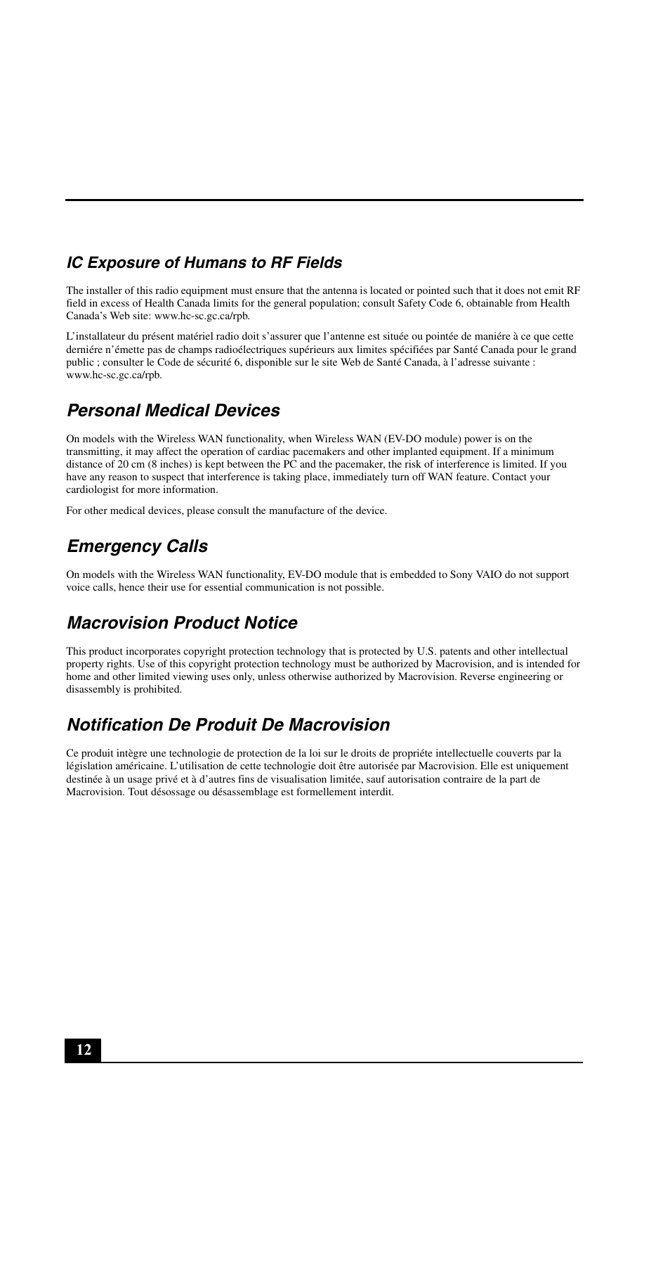 Personal medical devices, Emergency calls, Macrovision product notice | Notification de produit de macrovision | Sony VGN-C200 User Manual | Page 12 / 20