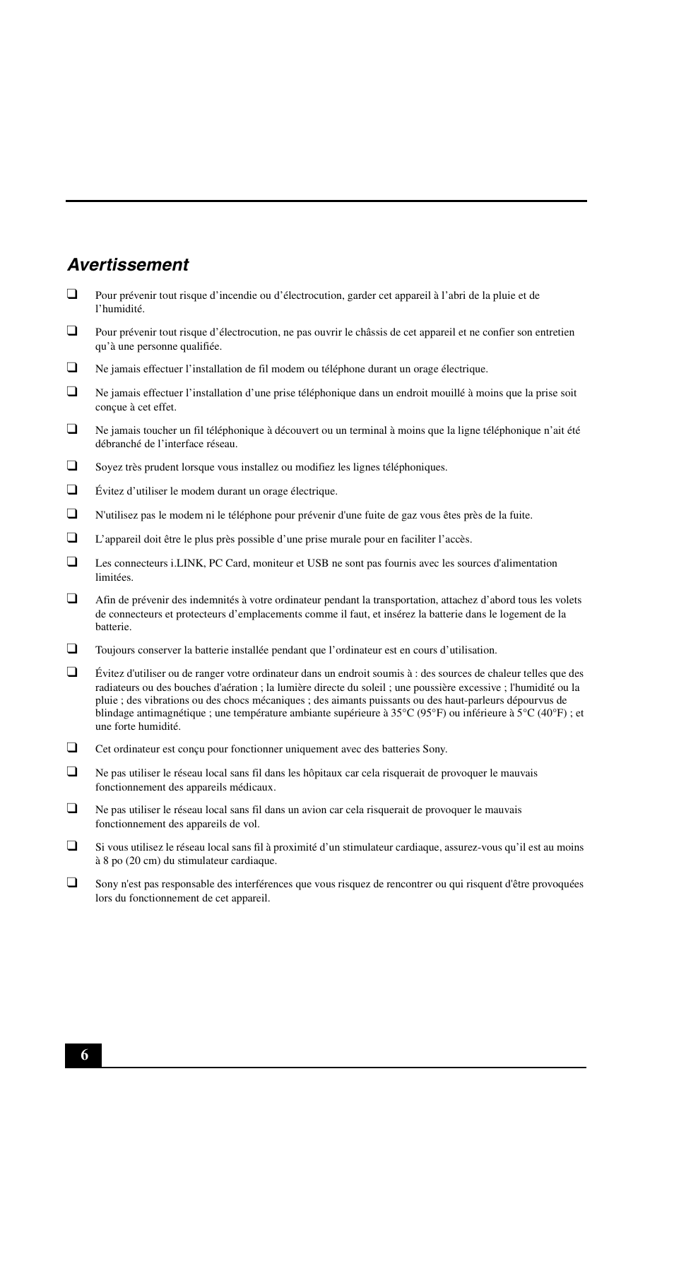 Avertissement | Sony VGN-C200 User Manual | Page 6 / 20