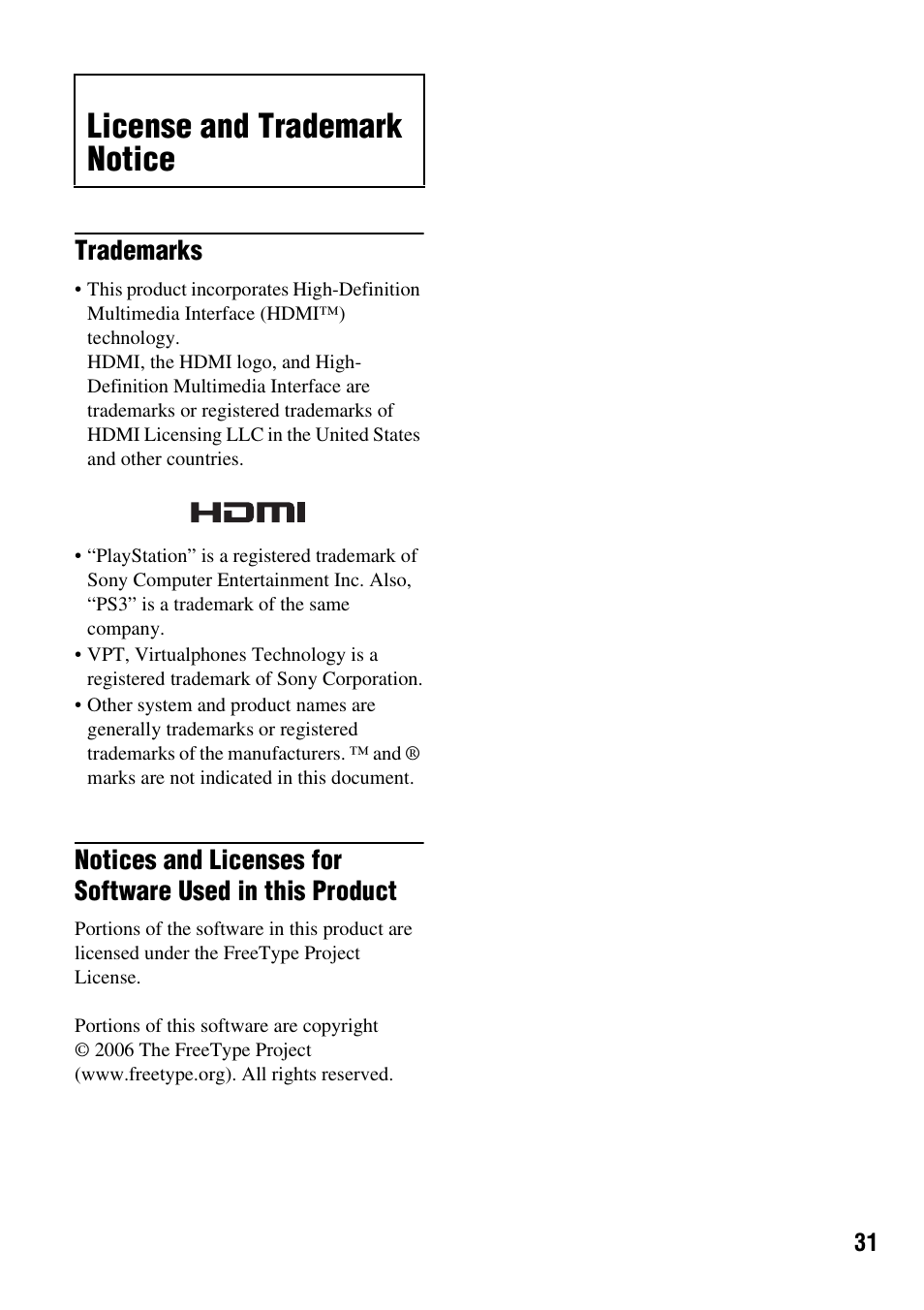 License and trademark notice, Trademarks | Sony HMZ-T1 User Manual | Page 31 / 32