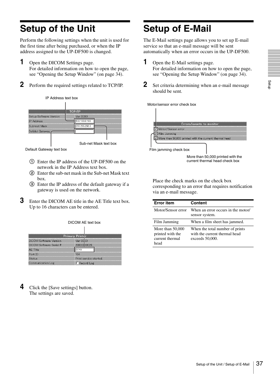 Setup of the unit, Setup of e-mail, Setup of the unit setup of e-mail | Sony UP-DF500 User Manual | Page 37 / 39