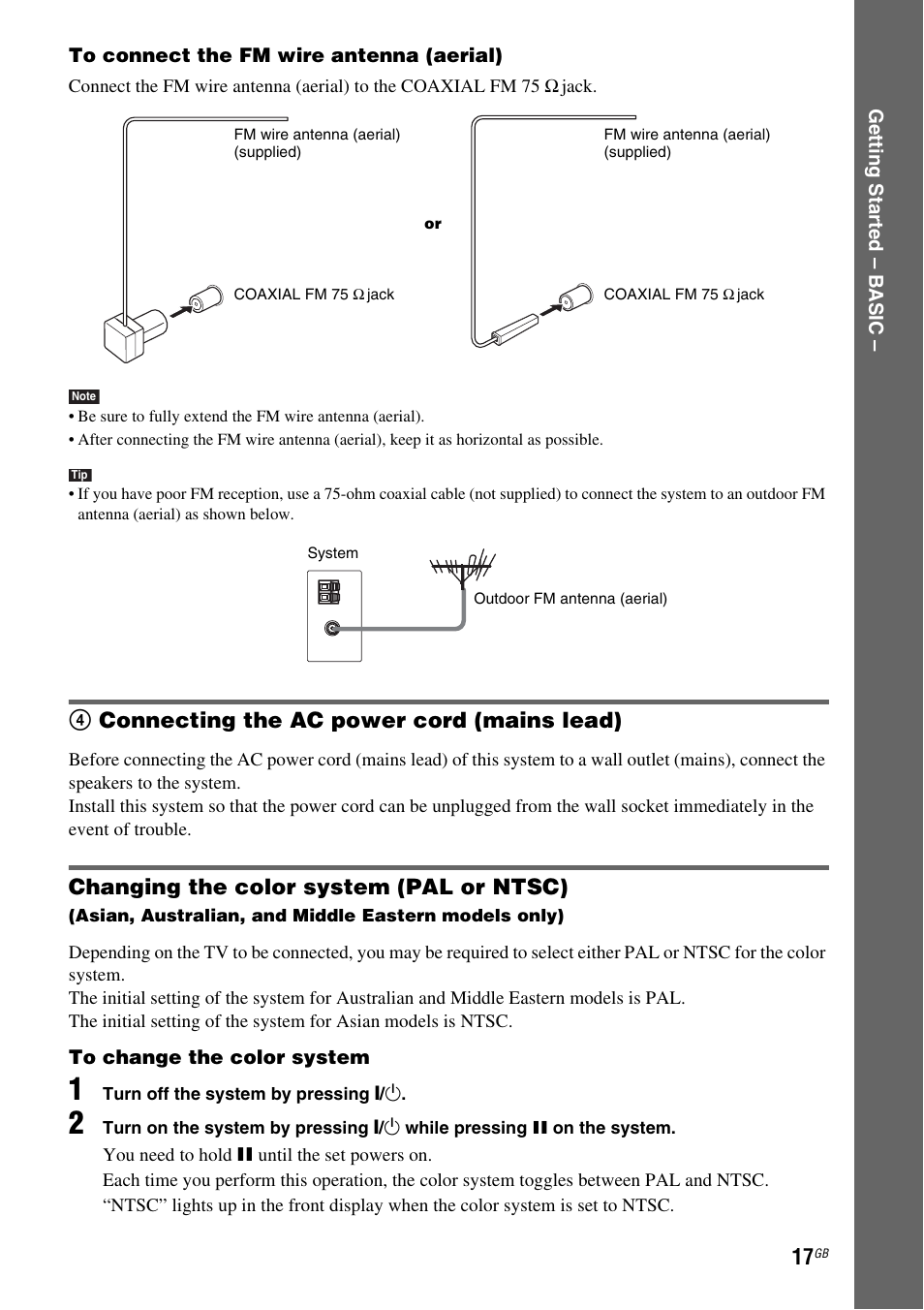 4 connecting the ac power cord (mains lead), Changing the color system (pal or ntsc), 4connecting the ac power cord (mains lead) | Sony DAV-DX255 User Manual | Page 17 / 100