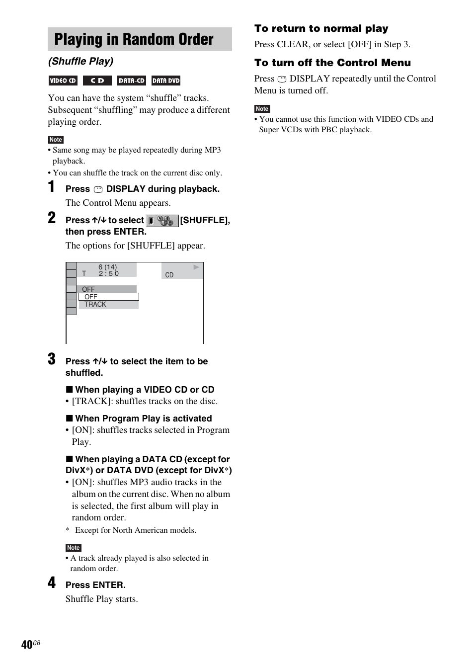 Playing in random order, Shuffle play) | Sony DAV-DX255 User Manual | Page 40 / 100