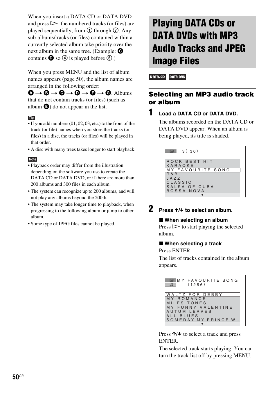 Selecting an mp3 audio track or album, Playing data cds or data dvds with, Mp3 audio tracks and jpeg image files | Sony DAV-DX255 User Manual | Page 50 / 100