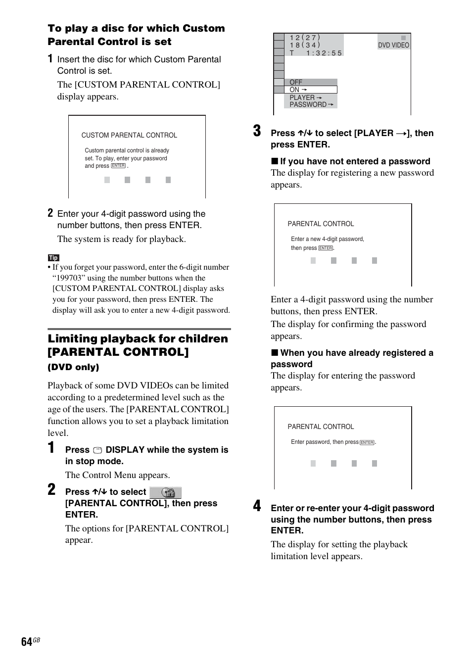 Limiting playback for children [parental control | Sony DAV-DX255 User Manual | Page 64 / 100