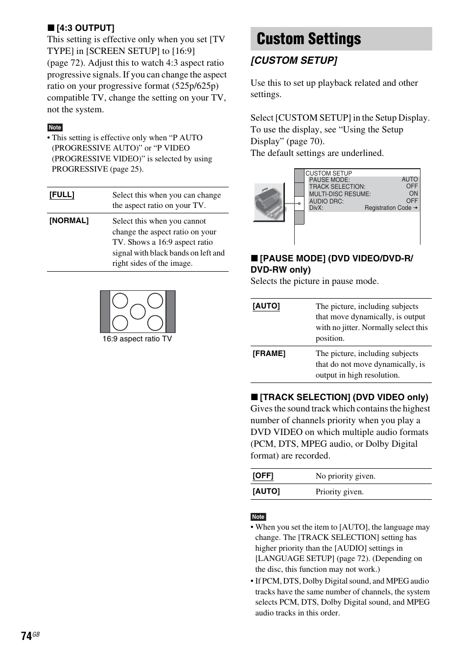 Custom settings, Custom setup | Sony DAV-DX255 User Manual | Page 74 / 100