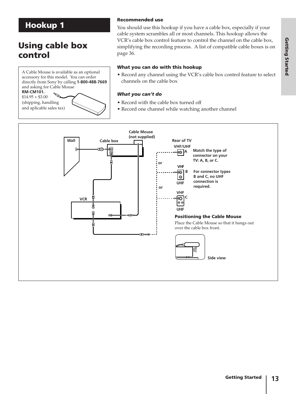 Using cable box control, Hookup 1 | Sony SLV-AV100C User Manual | Page 13 / 104