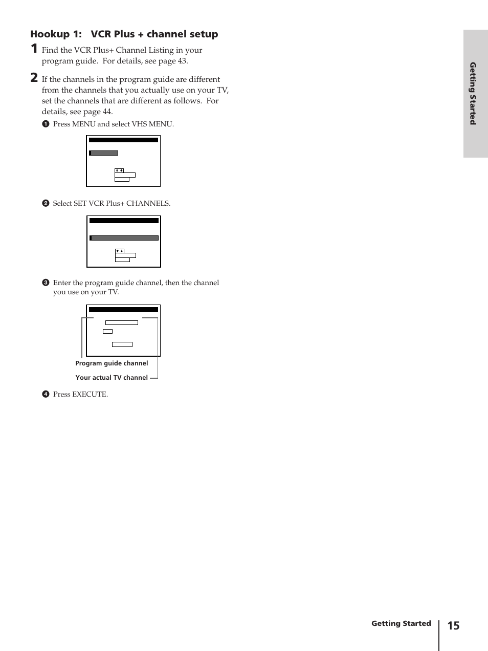 Hookup 1: vcr plus + channel setup, Getting started | Sony SLV-AV100C User Manual | Page 15 / 104