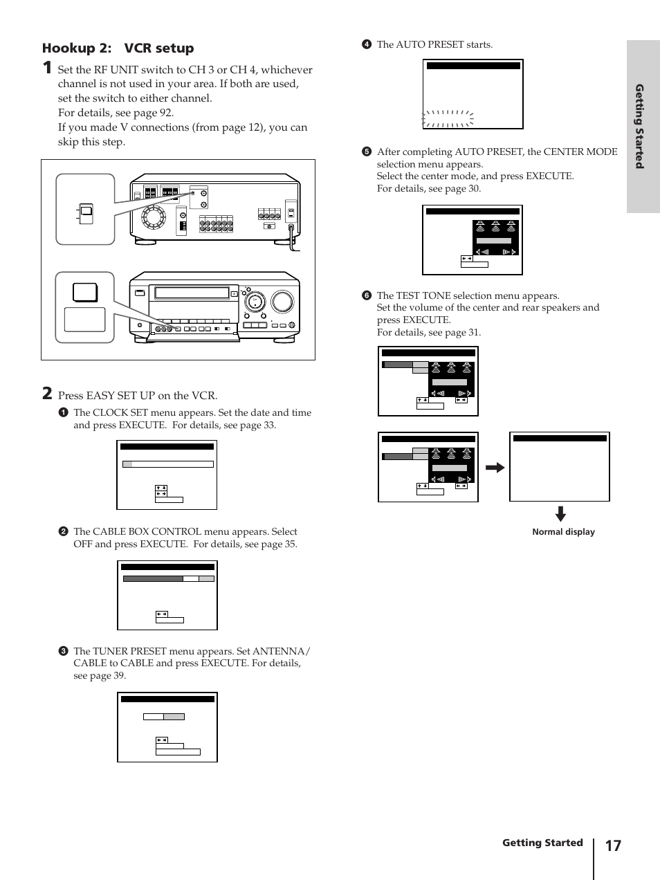 Hookup 2: vcr setup, Press easy set up on the vcr, Getting started | Sony SLV-AV100C User Manual | Page 17 / 104