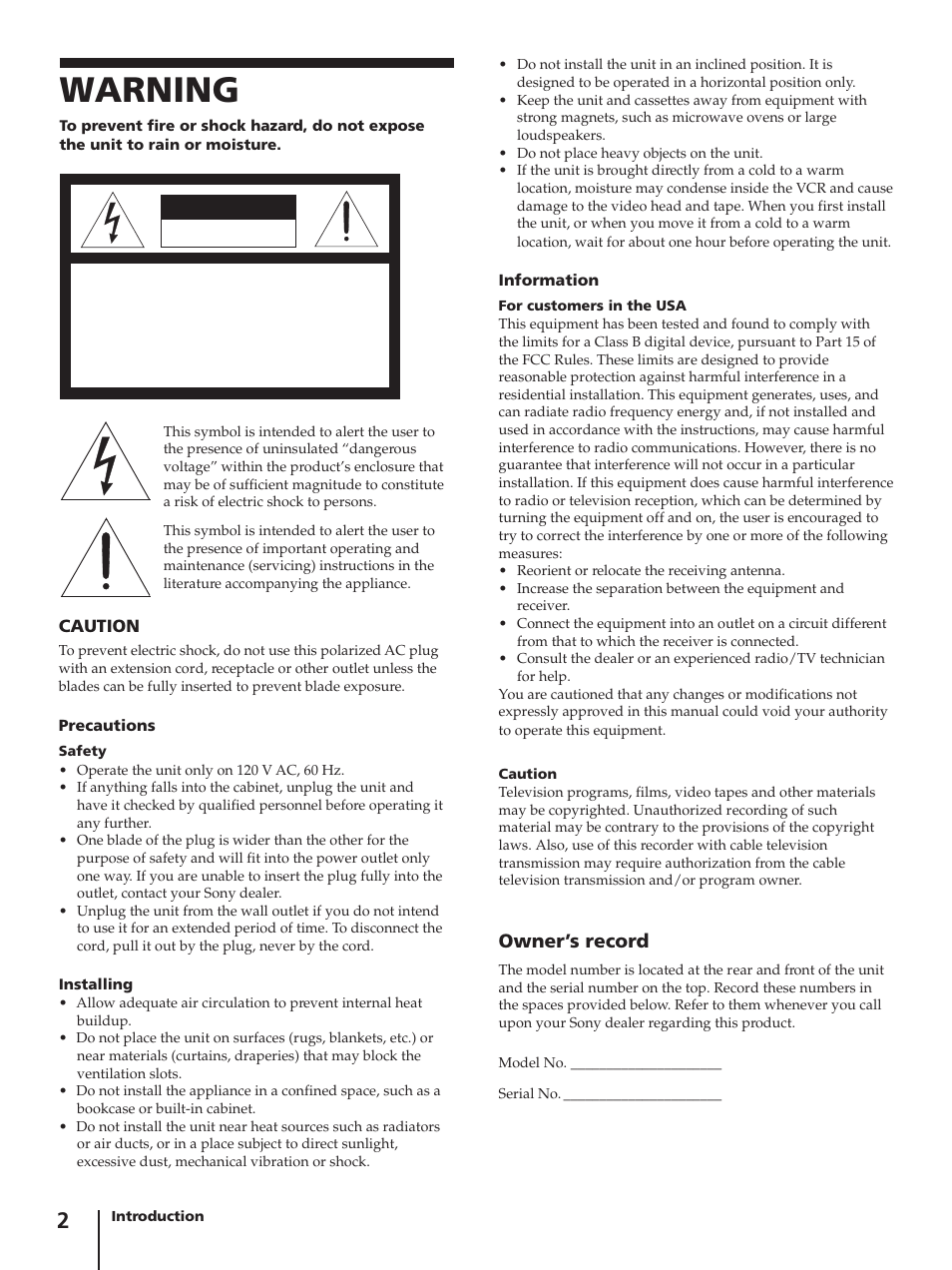 Warning, Owner’s record, Caution | Sony SLV-AV100C User Manual | Page 2 / 104