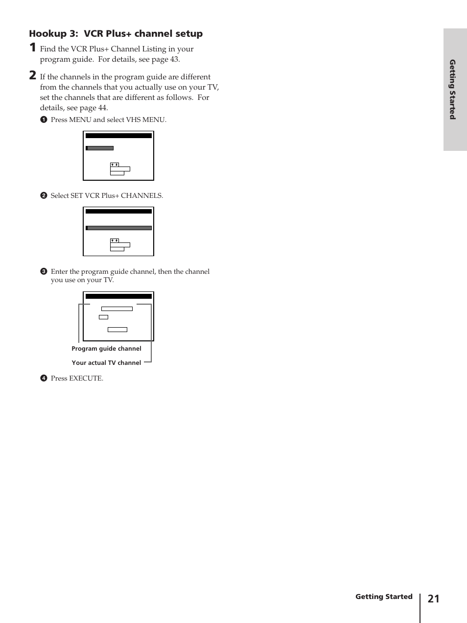 Hookup 3: vcr plus+ channel setup, Getting started | Sony SLV-AV100C User Manual | Page 21 / 104