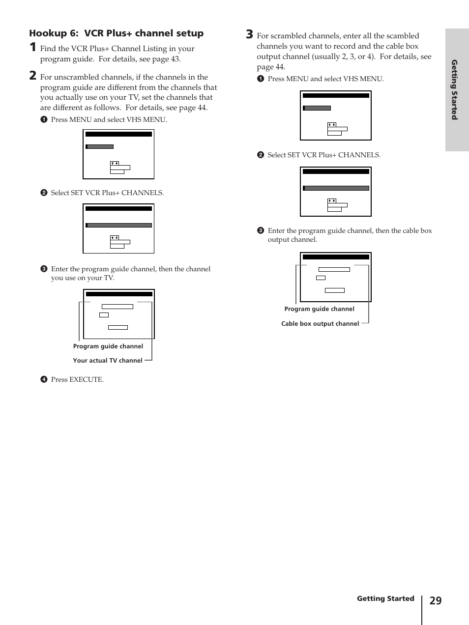 Hookup 6: vcr plus+ channel setup, Getting started | Sony SLV-AV100C User Manual | Page 29 / 104