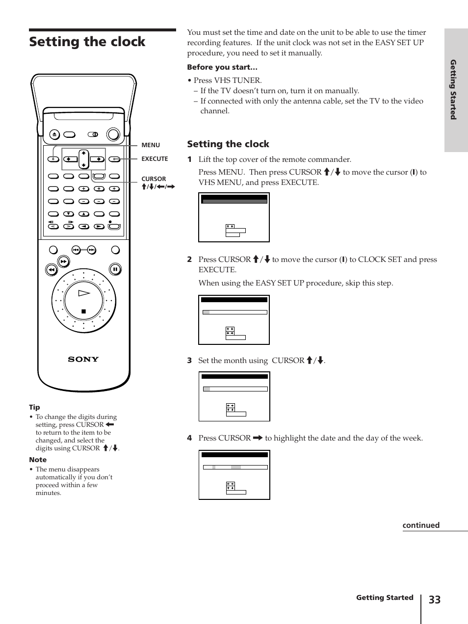 Setting the clock, Continued, Getting started | Before you start | Sony SLV-AV100C User Manual | Page 33 / 104
