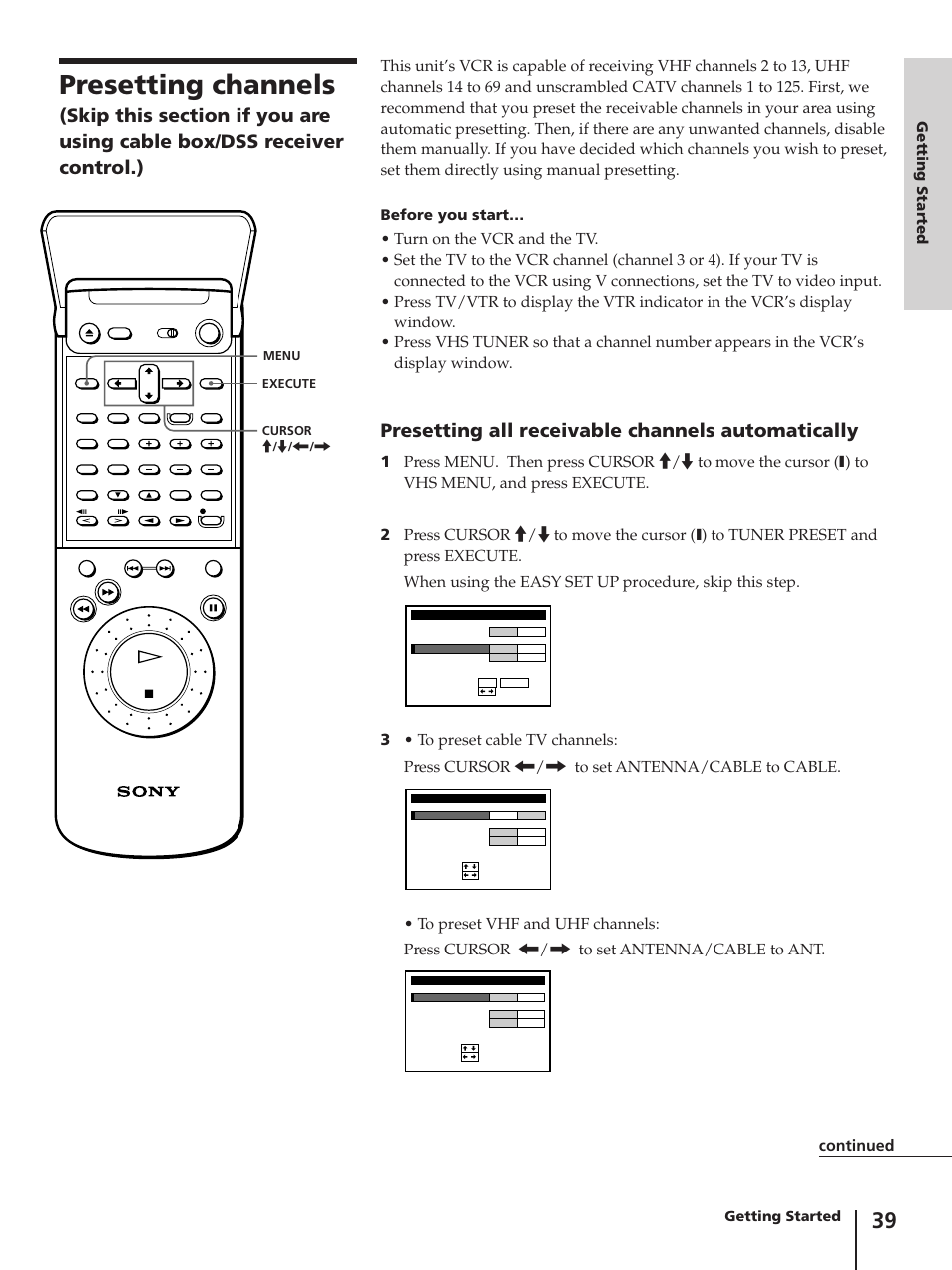 Presetting channels, Presetting all receivable channels automatically, Continued | Getting started, Before you start | Sony SLV-AV100C User Manual | Page 39 / 104