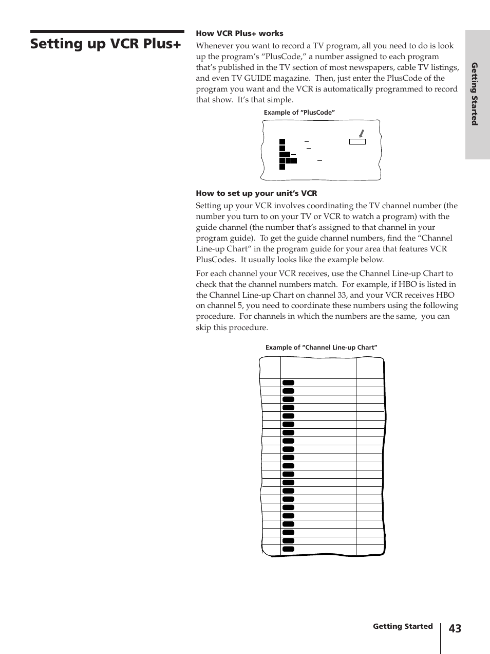 Sample, Setting up vcr plus, How vcr plus+ works | How to set up your unit’s vcr, Getting started | Sony SLV-AV100C User Manual | Page 43 / 104