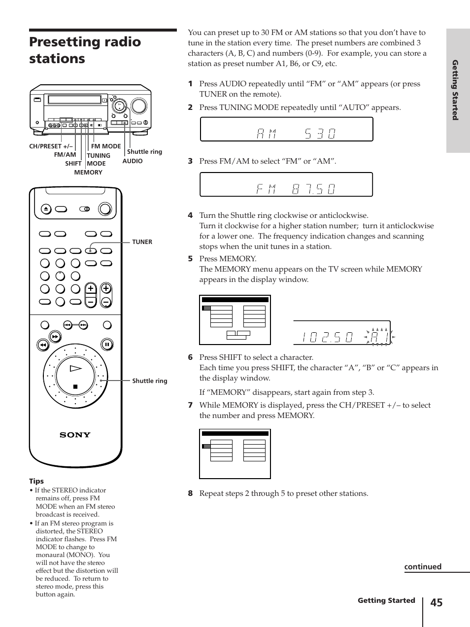 Presetting radio stations, Continued, Getting started | Tips | Sony SLV-AV100C User Manual | Page 45 / 104