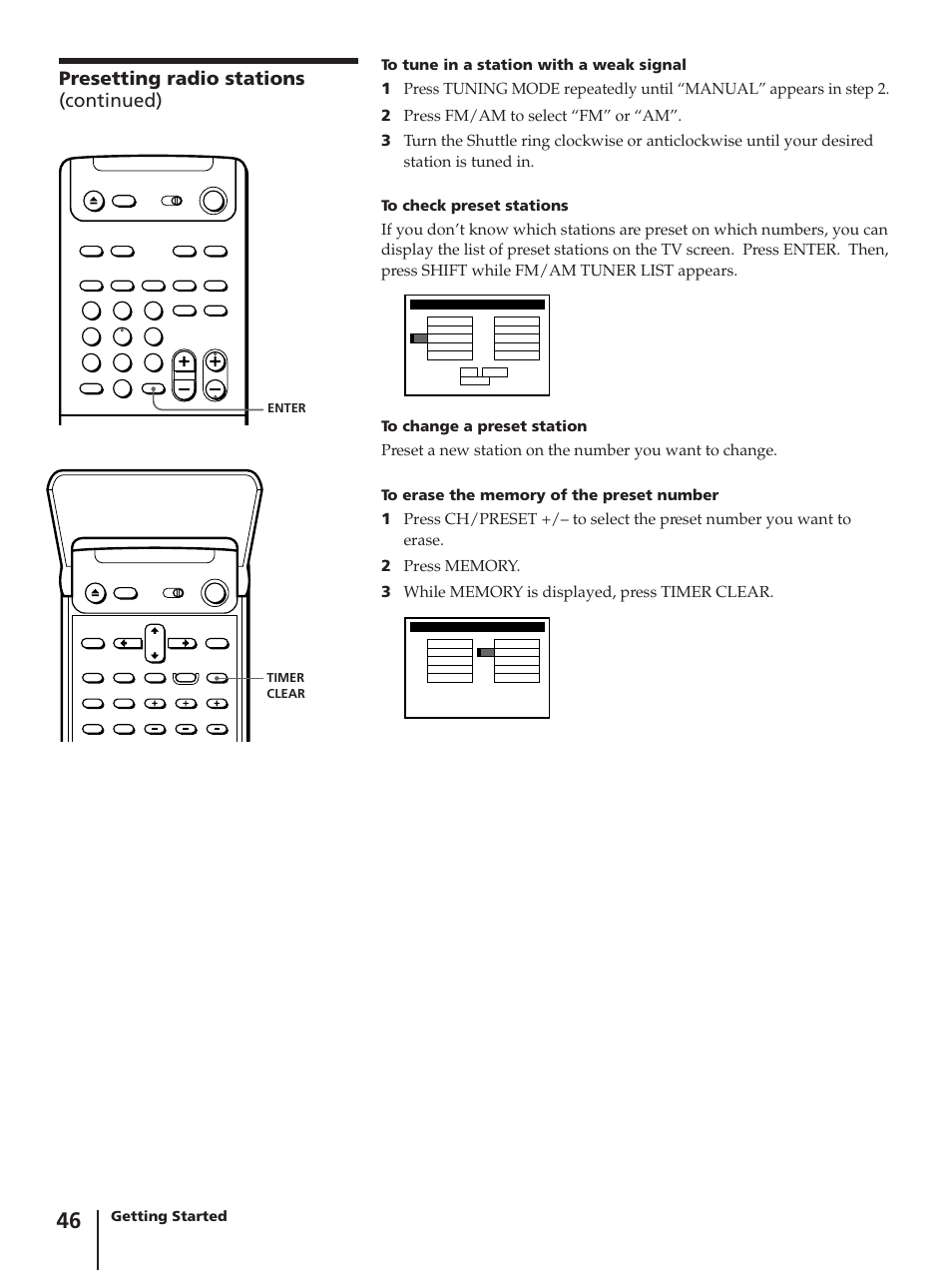 Presetting radio stations (continued), Getting started | Sony SLV-AV100C User Manual | Page 46 / 104