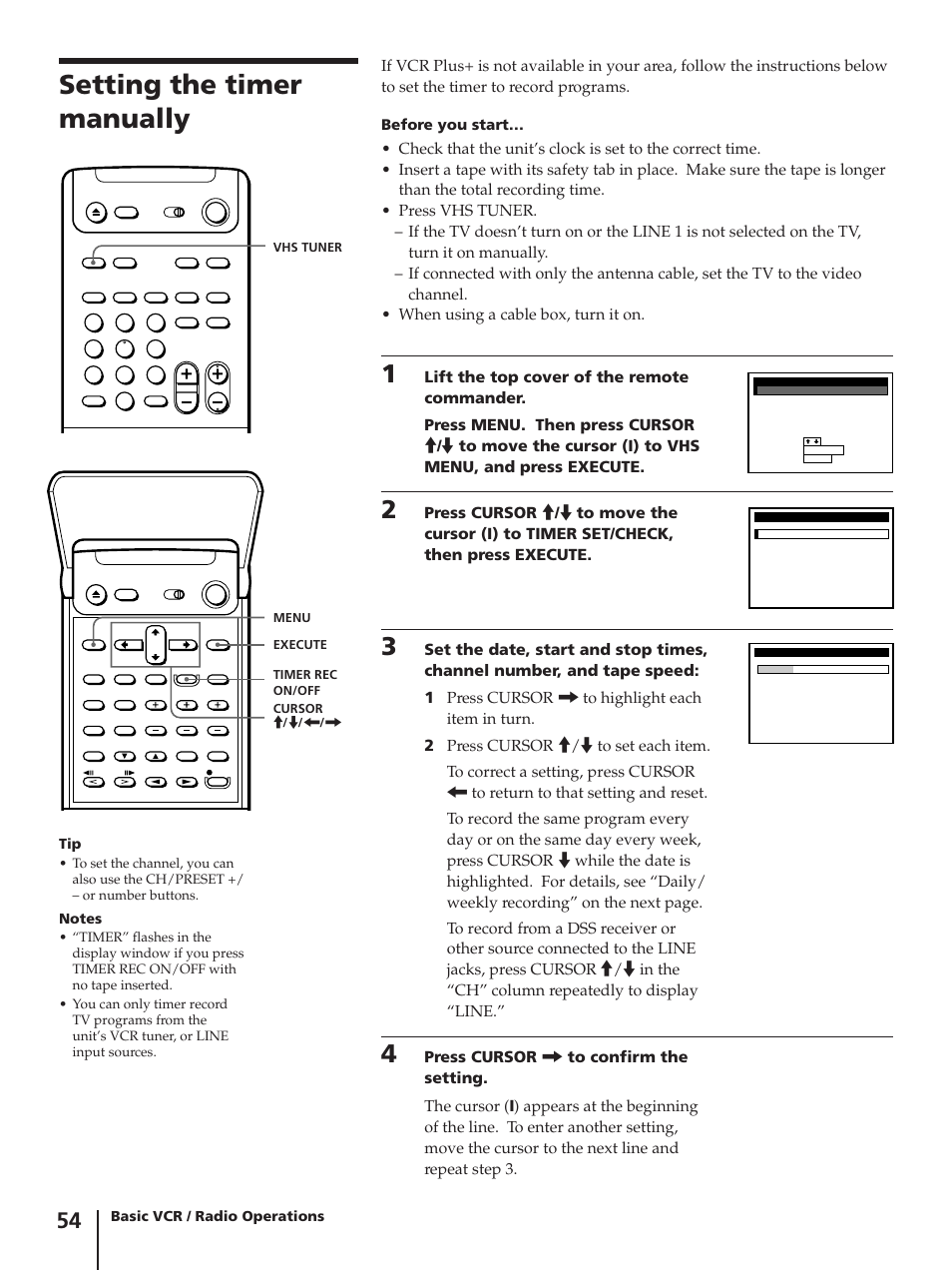 Setting the timer manually, Before you start, Basic vcr / radio operations | Sony SLV-AV100C User Manual | Page 54 / 104