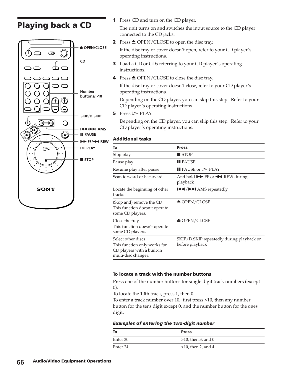 Playing back a cd | Sony SLV-AV100C User Manual | Page 66 / 104