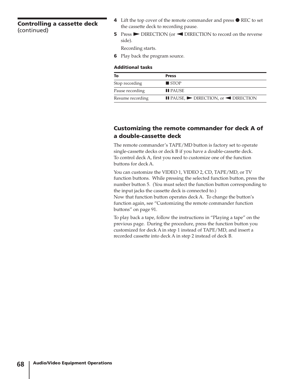 Controlling a cassette deck (continued) | Sony SLV-AV100C User Manual | Page 68 / 104