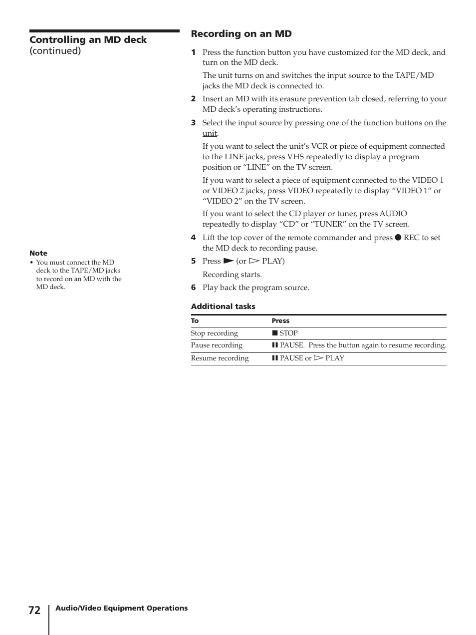 Recording on an md, Controlling an md deck (continued) | Sony SLV-AV100C User Manual | Page 72 / 104