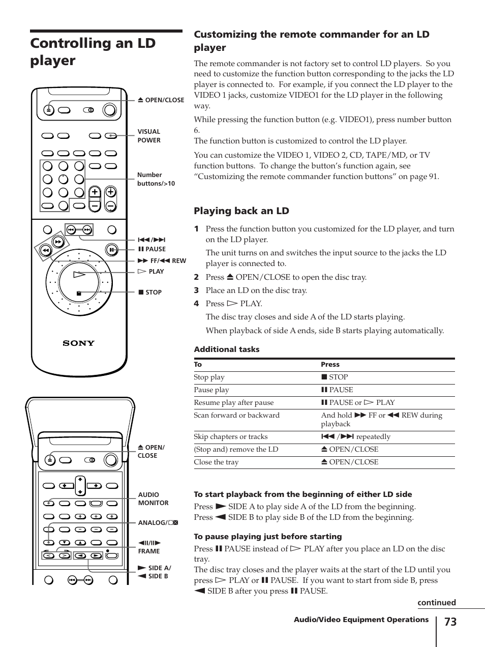 Controlling an ld player, Customizing the remote commander for an ld player, Playing back an ld | Sony SLV-AV100C User Manual | Page 73 / 104