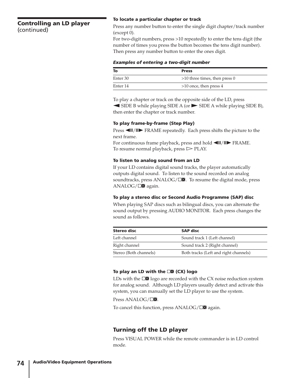 Turning off the ld player, Controlling an ld player (continued) | Sony SLV-AV100C User Manual | Page 74 / 104