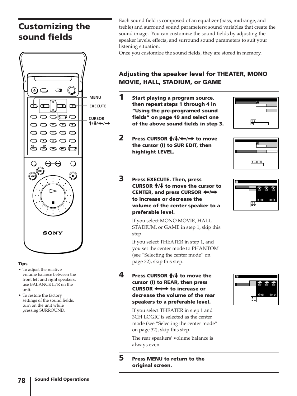 Customizing the sound fields, Press menu to return to the original screen | Sony SLV-AV100C User Manual | Page 78 / 104