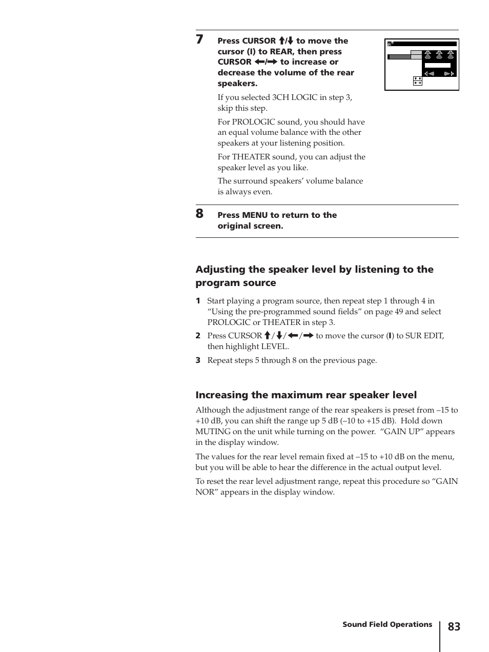 Increasing the maximum rear speaker level | Sony SLV-AV100C User Manual | Page 83 / 104