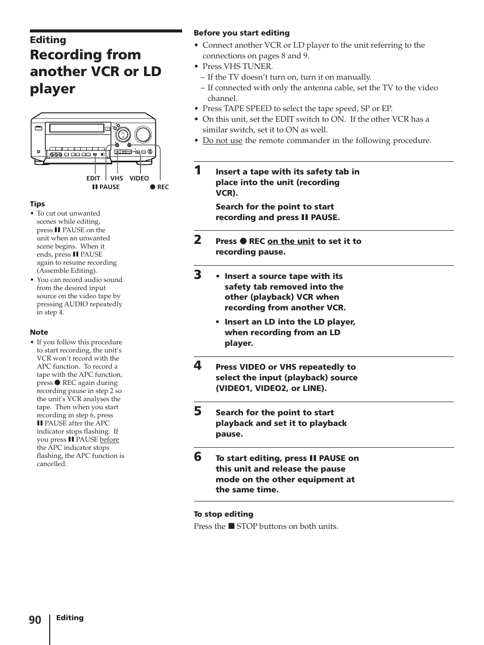 Recording from another vcr or ld player | Sony SLV-AV100C User Manual | Page 90 / 104